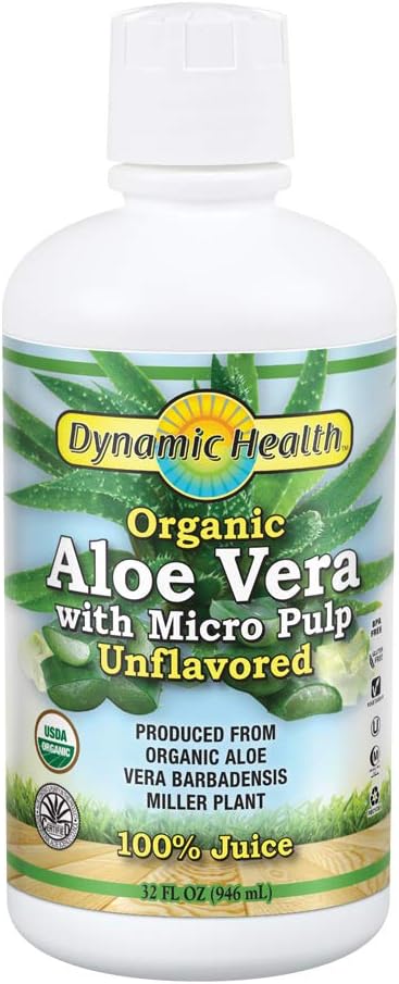 Salud Dinámica Orgánica Aloe Vera Juice w/Micro Pulp, Desarrollado Silencio No Añadido Azúcar, Color Artificial o Sweeteners, No Gluten o BPA peru 32oz, 8 Serv