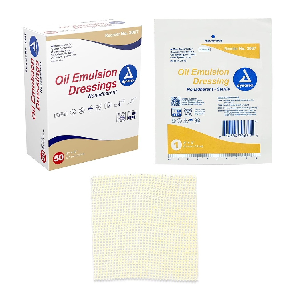 Vestidos de emulsión de aceite de Dynarex, Cuidado de la herida, Absorbent, 3” x 3” Emulsión de vidrio estéril Vestir con emulsión de aceite de Petrolatum y girasol, 1 caja de 50 Vestidos de emulsión de aceite