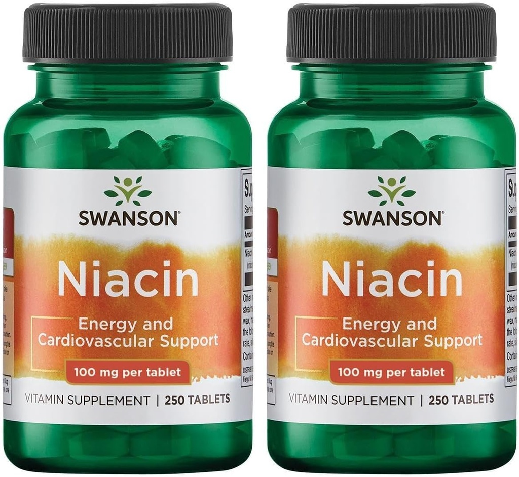 Swanson Niacin (Vitamin B3) - Suplemento de vitaminas Apoyo a la salud del corazón y el metabolismo del carbohidrato - promueve la producción de energía natural - (250 Tabletas, 100 mg NE Cada uno) (2 Pack)