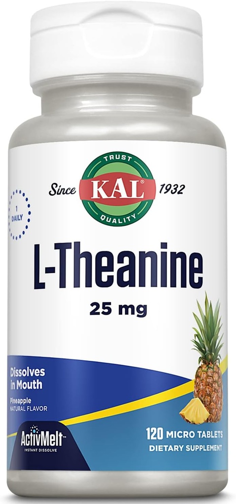 KAL L Theanine 25 mg ActivMelt - Relajación, Estrés, Mood y Focus Suplemento - Delicious Natural Pineapple Flavor with Stevia - Vegetarian - 120 Servings, 120 Instant Dissolve Micro Tablets