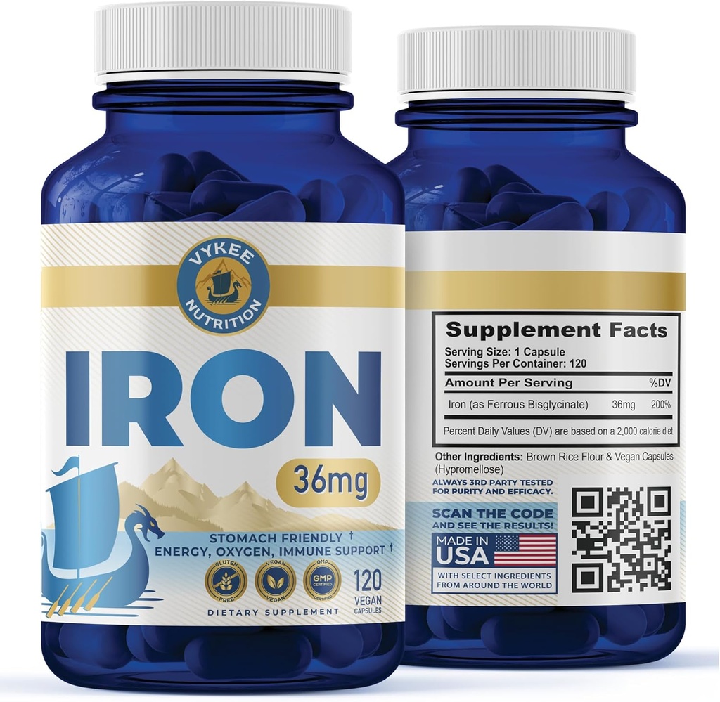 Suplemento de hierro – 36mg Hierro (como Bisglycinate) ← Alta Absorción, Gentle On Stomachs ← Vegan, Non-GMO ← Apoya Energía, Salud Inmune y Formación de Células de Sangre Roja tención 120 cápsulas