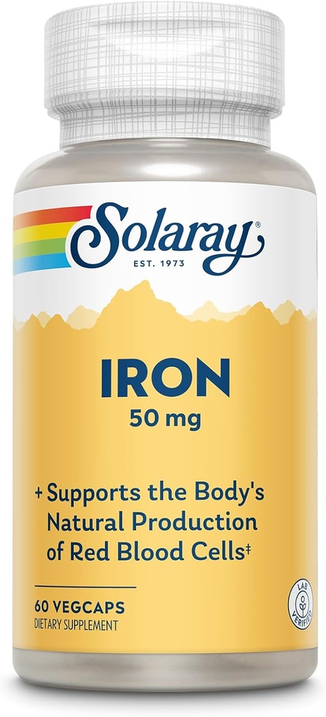 SOLARAY Iron Capsules 50mg - Suplemento de Hierro para Mujeres y Hombres w/Parsley y Amarillo Dock Root, soporta la producción natural del cuerpo de células de sangre roja, garantía de 60 días, 60 Servimientos