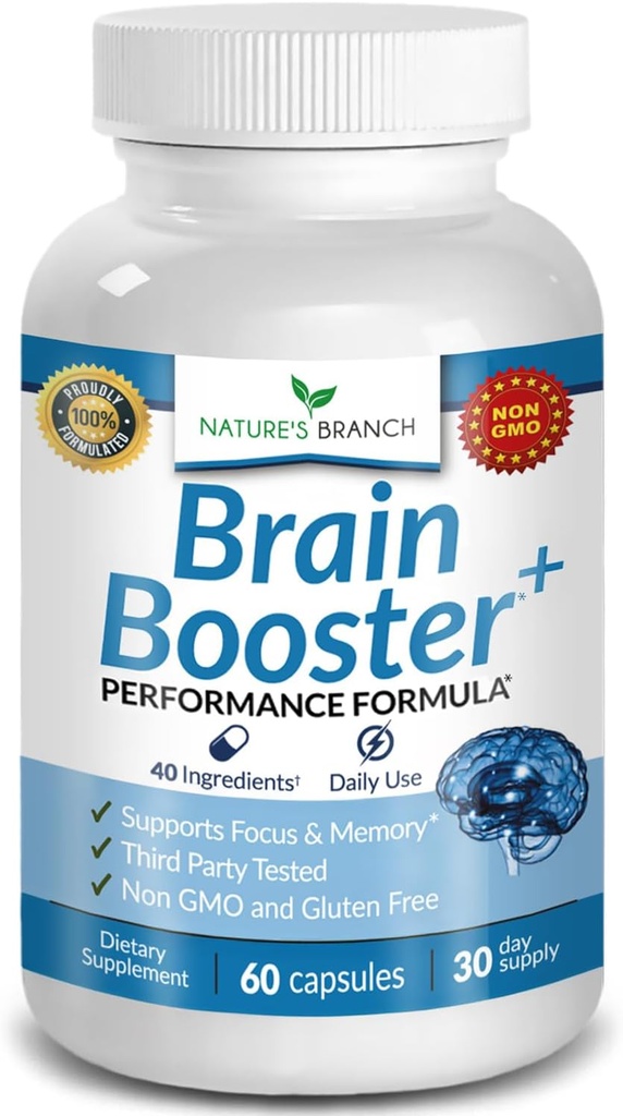 40-in-1 Brain Booster Suplemento para Focus, Memory, Clarity, Energy TEN Advanced Vitamins Plus eBook Silencio para Hombres &amp; Mujeres, Función Cognitiva Apoyo Nootrópico con DMAE, Mind Health Fórmula 60 Capsules