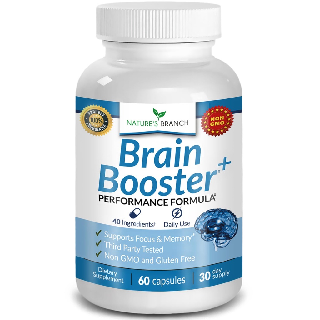 40-in-1 Brain Booster Suplemento para Focus, Memory, Clarity, Energy TEN Advanced Vitamins Plus eBook Silencio para Hombres &amp; Mujeres, Función Cognitiva Apoyo Nootrópico con DMAE, Mind Health Fórmula 60 Capsules