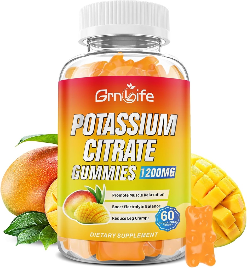 Potasio Citrate Gummies, Suplemento de Potasio Alto Gummies 1200 mg para Adultos &amp; Niños, Apoyo Leg Cramps &amp; Muscle Health, Vegan, Mango Flavor 60 Con