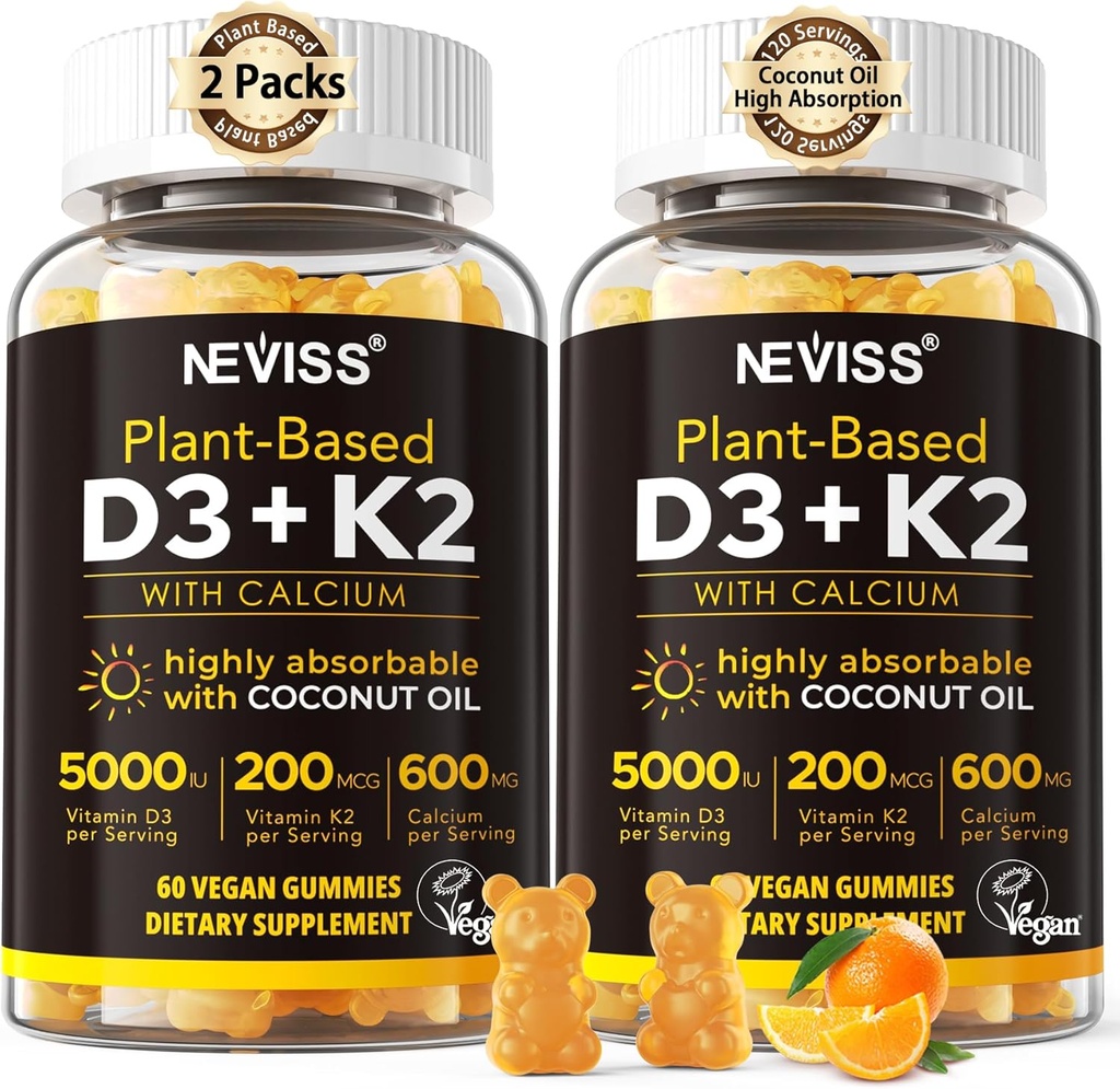 Vitamina D3 5000iu & K2( como MK7 ) 200mcg Gummies + 600mg Calcio, con aceite de coco para alta absorción, Maximum Strength Vitamin D3 K2 Suplemento - Soporte para huesos Muscle dientes Immune, Vegan 2Packs