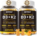 Vitamina D3 5000iu & K2( como MK7 ) 200mcg Gummies + 600mg Calcio, con aceite de coco para alta absorción, Maximum Strength Vitamin D3 K2 Suplemento - Soporte para huesos Muscle dientes Immune, Vegan 2Packs