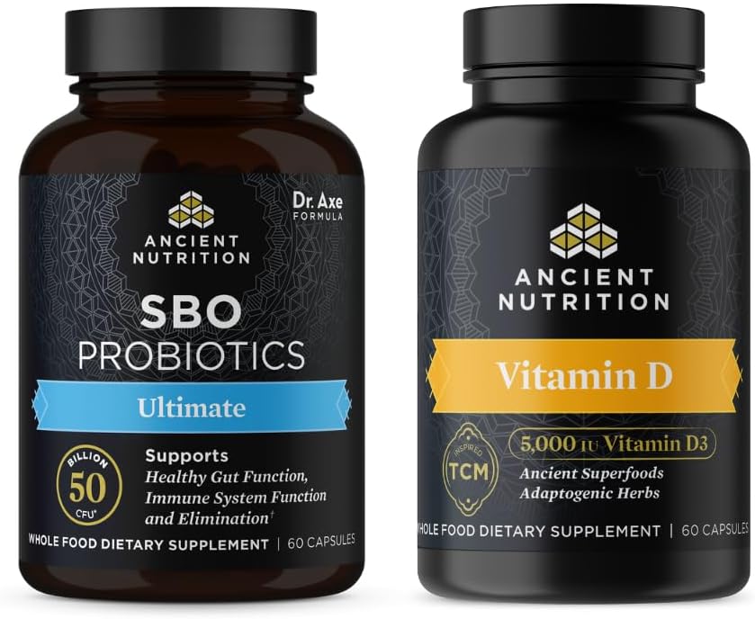 Ancient Nutrition SBO Probiotics Capsules, Ultimate, 60 Count + Vitamin D Capsules, 90 Count