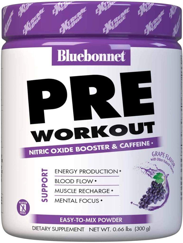 BlueBonnet Nutrition Extreme Edge Pre entrenamiento, Aumenta los niveles de óxido nítrico (NO)- 30 Serviciones, Flavor de uva, 10.56 Oz