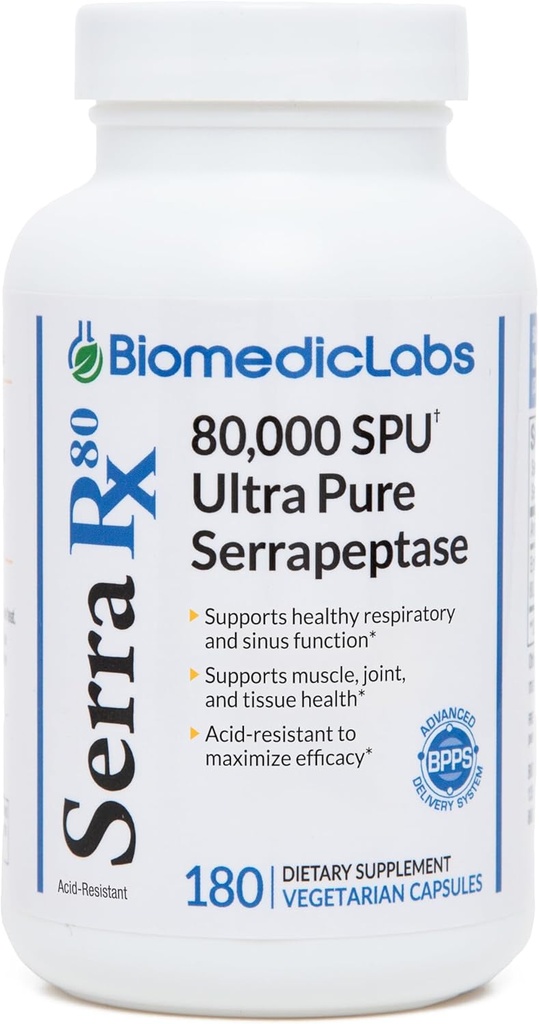 Serra-RX 80,000 SU Serrapeptase - Acid-Resstant Proteolytic Enzyme sistémico, No GMO, Gluten Free, Vegan, soporta Sinus &amp; Lung Health, 180 Veg Capsules