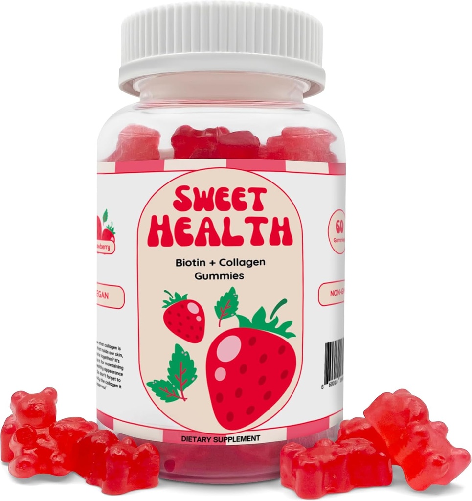 Sweet Health Hair Gummies ← Piel Juvenil + Crecimiento del Pelo + Ferrocarriles TEN 10,000% Biotina + Collagen ← Non-GMO TEN Sweet Strawberry