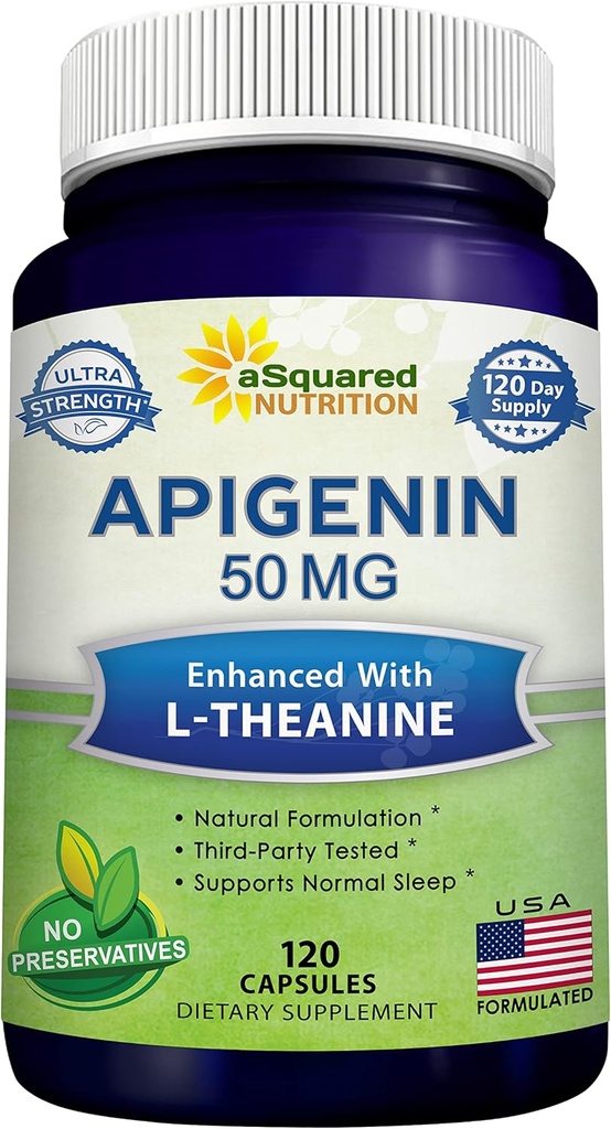 aSquared Nutrition Apigenin 50mg &amp; L-Theanine 200mg - 120 Capsules - Suplemento de apigenina Pills for Sleep and Relaxation - Natural Bioflavonoid Extract Found in Chamomile Tea