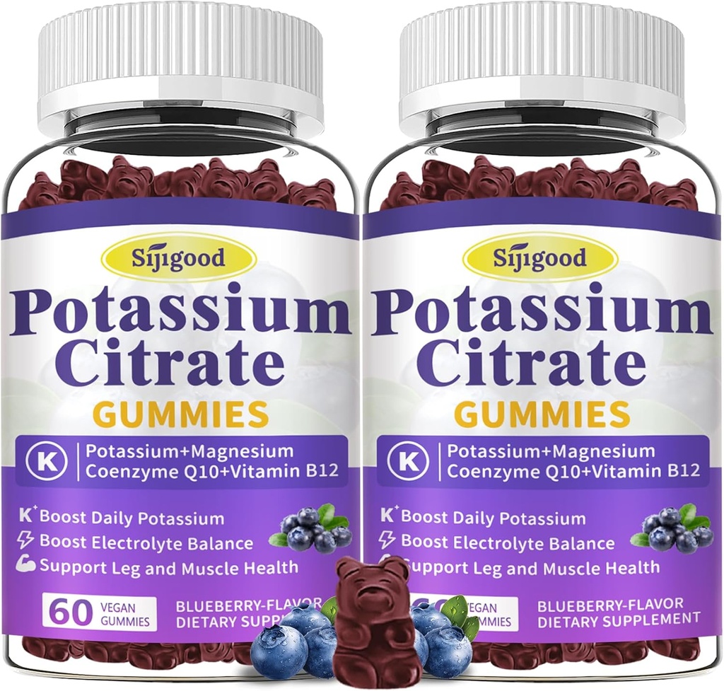 2 Pack Potassium Citrate Gummies, Potassium Supplement for Muscle Health, Leg Cramp Relief & Electrolyte Balance, Vegan, Non-GMO, Gluten-Free, Blueberry Flavor, 120 Conde