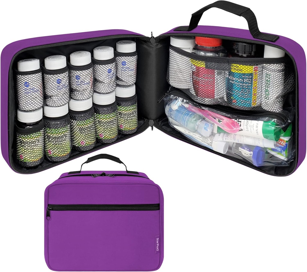 Gran organizador de botellas acolchadas, bolsa de medicina, caso, portador de medicamentos, vitaminas y suministros médicos - Organizador de medicina de viaje y bolsa de memoria de almacenamiento casera - Purple (sin bloqueo)