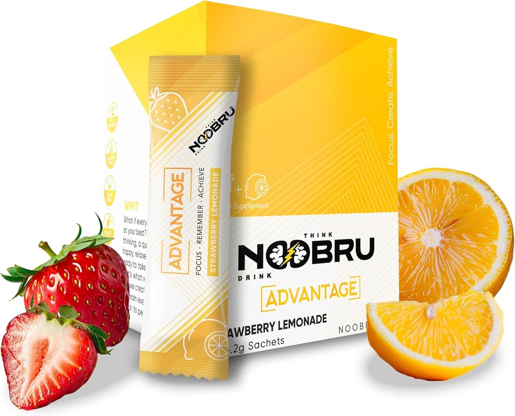 Noobru Аdvantage Nootropic - Delicious Nootropics Brain Supplement with 11 Active Ingredients - Natural Cognitive Enhancer - 20 Strawberry Lemonade Sachets - 1 Month Supply, 20 Conde (Pack of 1)