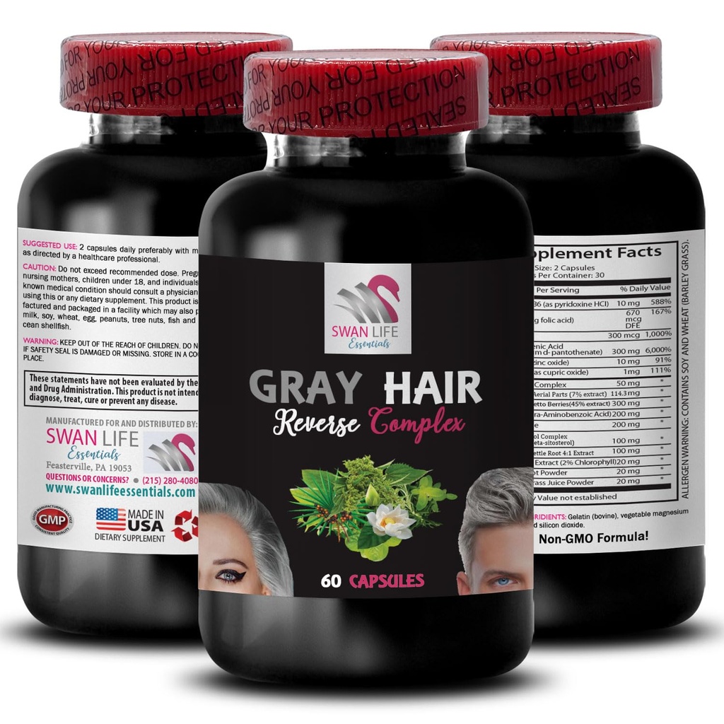 Complejo de Sterol - GRAY HAIR REVERSE - cabello exuberante, brillo radiante, fórmula revitalizante, tono juvenil, rejuvenecimiento del cabello, brillo del cabello, color natural 1 Botella 60 cápsulas
