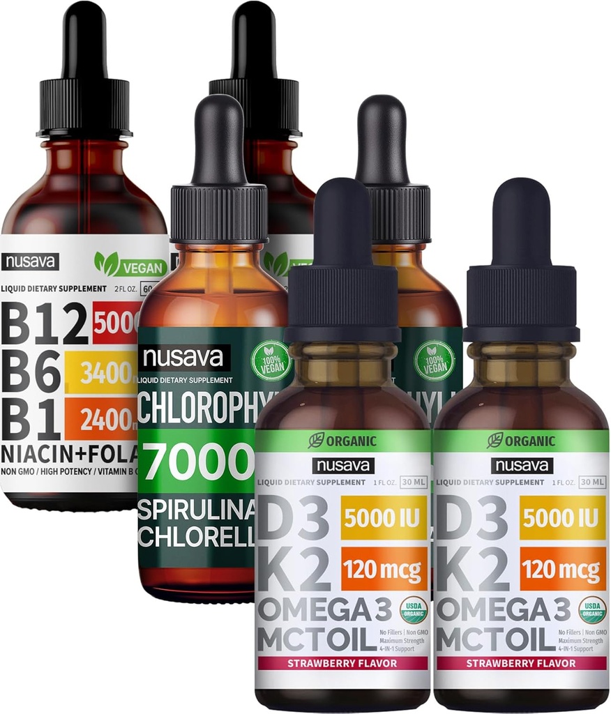 NUSAVA Strawberry Flavored D3 K2, Chlorophyll, & Vitamin B12 Liquid Drops Bundle - Potent Liquid Vitamins for Heart, Energy, Brain & Immune Support - Non-GMO, Gluten-Free, 2pk Every