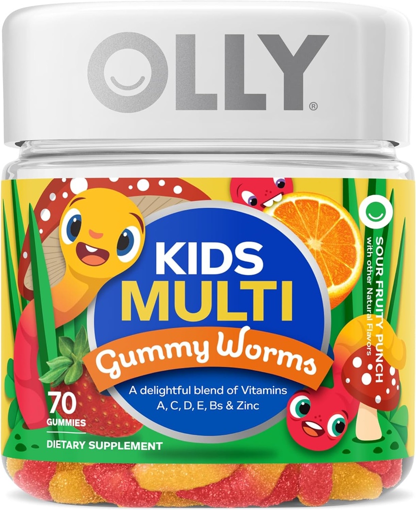 OLLY Kids Multivitamin Gummy Worms Sour Fruit Punch Vitaminas A C D E Bs Zinc 45 Day Supply 70 Count