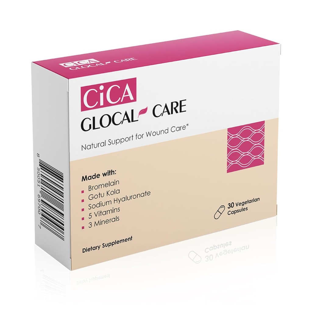 Cica GlocalCare – Suplemento de curación de heridas clínicamente probadas - Ayudas en recuperación de cicatrices - Ayuda con la reparación de tejidos de piel para cirugía, heridas, tratamiento de cicatrices " Bruising (30 cápsulas)