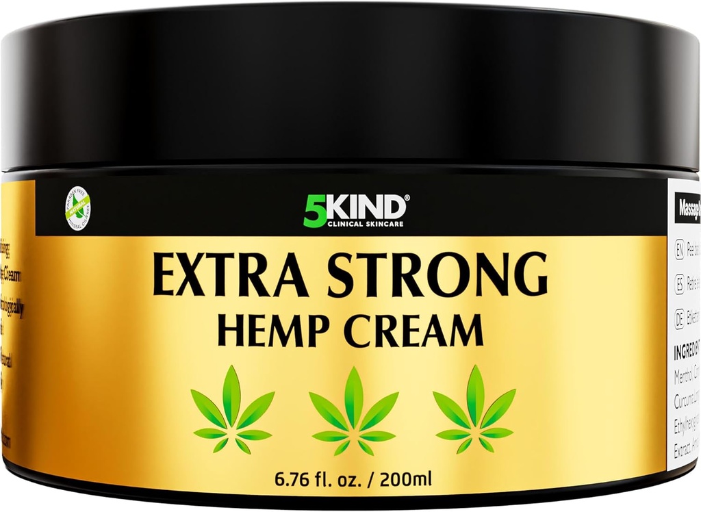 5kind Extra Strong Hemp Cream 6.76 fl oz- Maximum Strength - Natural Soothing Relief Joint Cream - Muscle Rub for Lower Back, Joints, Neck, Knees & Hombros