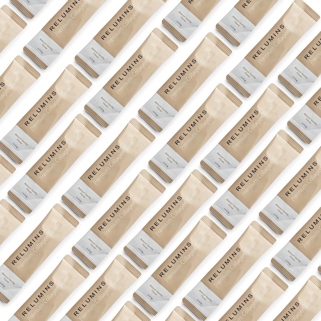 Relumins Marine Collagen Powder Drink Mix - Collagen Peptide with Glutathione, Green Tea, CoQ10, & Hyaluronic Acid Boosts Smooth Glowing Skin - 20 Powder Sachets x Vanilla Flavored + 2 Free Sachets