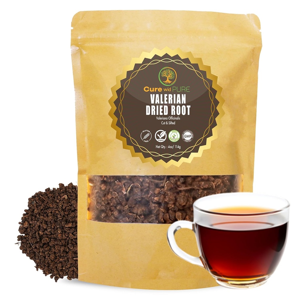 Cure wid Pure Organic Valerian Root Tea - Cut,Sifted " Non-Irradiated Valerian Tea Promotes Natural Relaxing Sleep - Te De Valeriana officinalis in Resealable Eco Friendly Pouch 4oz