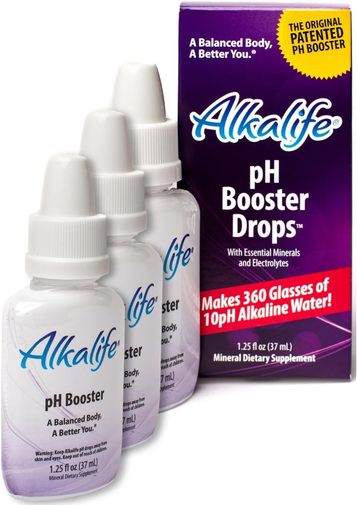 Alkalife Alkaline Water Drops - The First Patented Alkalizing pH Booster w/Minerals & Electrolytes - Balance pH, Neutralize Acid, Immune Support, Peak Performance, Detox, Global Wellness - Pack of 3