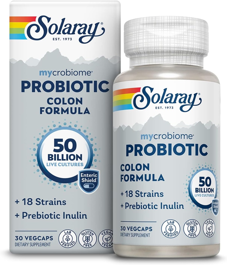 SOLARAY Mycrobiome Probiotic Colon Formula, Vegan, Función Digestiva, Colon Health, e Immune System Support, 50 Billion CFU, 18 Strains, Prebiotic Inulin, 60-Day Guarantee, 30 Servings, 30 VegCaps