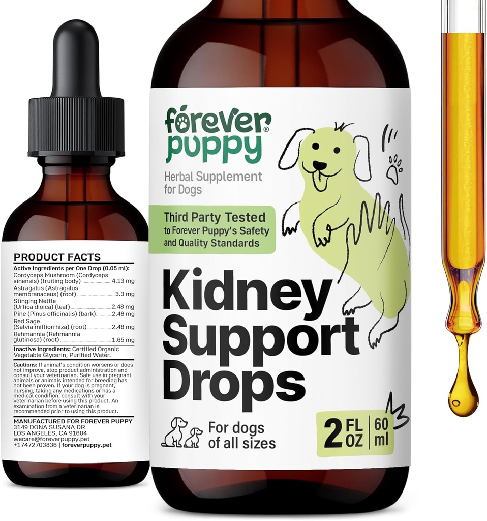 Forever Puppy Kidney Support Drops for Dogs - Cordyceps Mushroom, Astragalus, Stinging Nettle Leaf Extract - Liquid Dog Vitamins and Supplements - Sugar &amp; Alcohol-Free Tincture - 2 fl oz