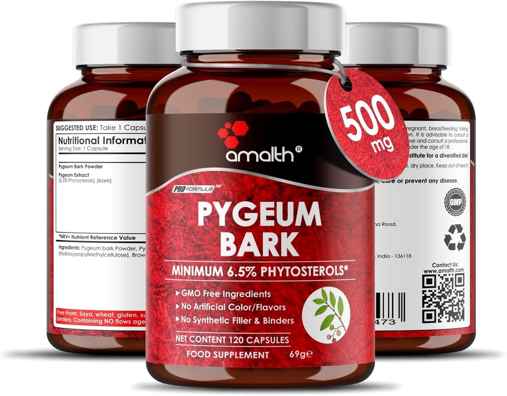 Amalth Pygeum Bark Extract Powder Mayor Potency (6,5% phytosterols) Apoya Tract urinario &amp; Prostate Health Men Herbal Suplementos 120 Capsules (Non – GMO)