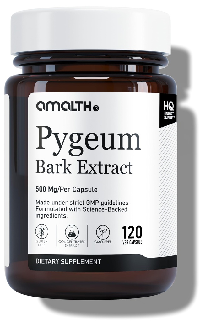 Amalth Pygeum Bark Extract Powder Mayor Potency (6,5% phytosterols) Apoya Tract urinario &amp; Prostate Health Men Herbal Suplementos 120 Capsules (Non – GMO)