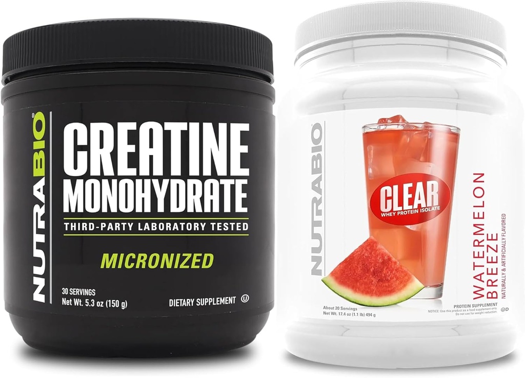 NutraBio Creatine Monohydrate, Unflavored, (150 g) y Clear Whey Protein Isolate, (Watermelon Breeze) Suplemento Bundle – Muscle Energy, Maximum Growth, Recovery, and Strength