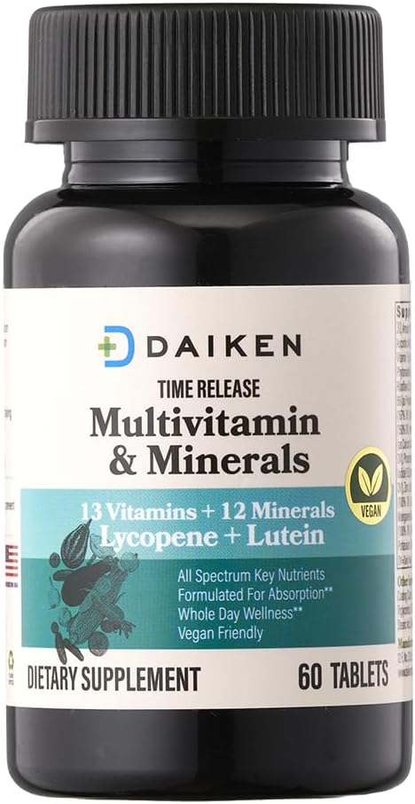 DAIKEN Mini Multivitamin, 60 Tablets, Enhanced with Lutein, Lycopene & Folic Acid, Time Released Multivitamin for Women & Men, Vegan & Easy to Swallow