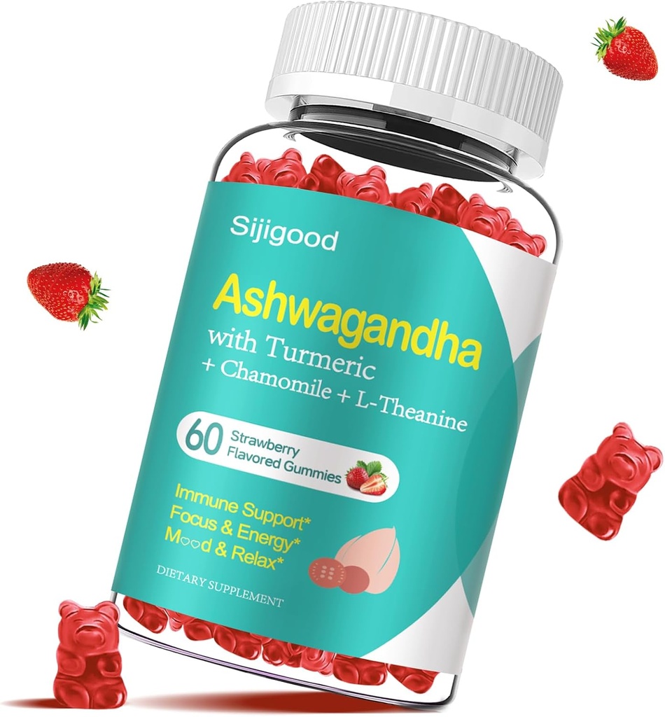 Ashwagandha Gummies con L-theanine, Ashwa Root Suplemento Gummy para Mujeres Hombres, 60 Gummies Flavored Fresa