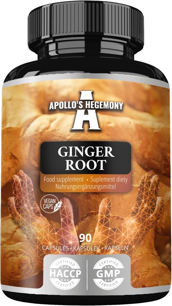 APOLLO'S HEGEMONY Ginger Root 500 mg, Extracto Contiene 5% Gingerols, 90 cápsulas Vegan, 3 meses de suministro, Ginger Herbal Suplementos para Confort Digestivo y Apoyo Inmunitario