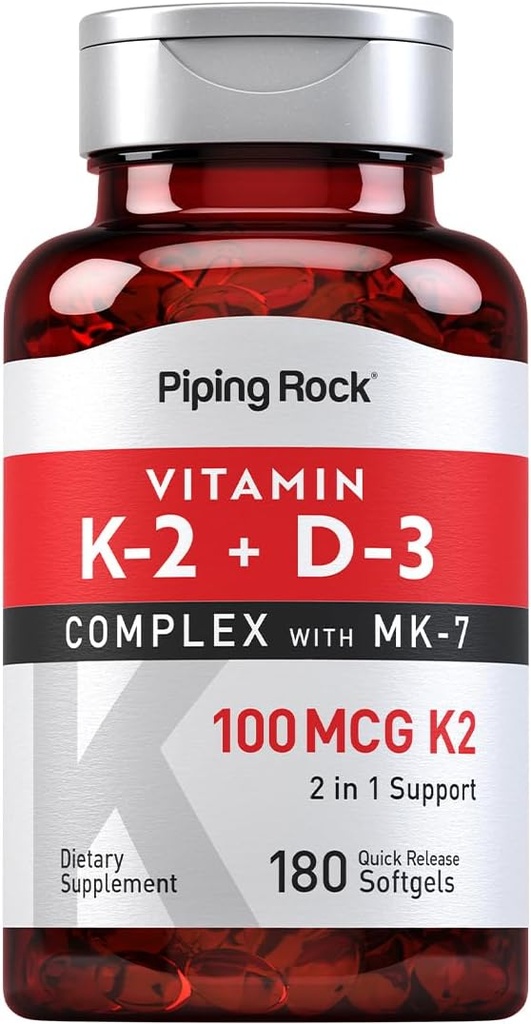 Piping Rock Vitamina K2 D3 Suplemento TEN 100 mcg TEN 180 Softgels TEN complejo con MK7 ANTE No GMO, Gluten Free