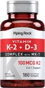 Piping Rock Vitamina K2 D3 Suplemento TEN 100 mcg TEN 180 Softgels TEN complejo con MK7 ANTE No GMO, Gluten Free