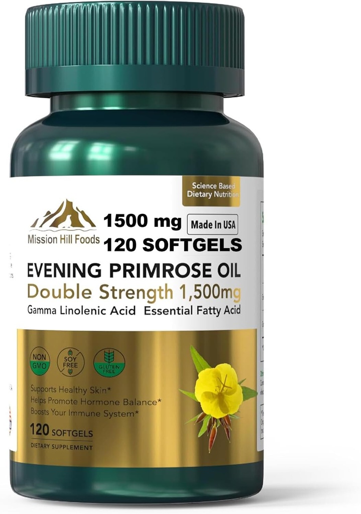 Aceite de Primrose de la tarde (1500mg) TENIDO GLA alto para el equilibrio hormonal y la salud de la piel (1 Bottle-120 Softgels-2mo Supply) ANTE No GMO, Gluten-Free