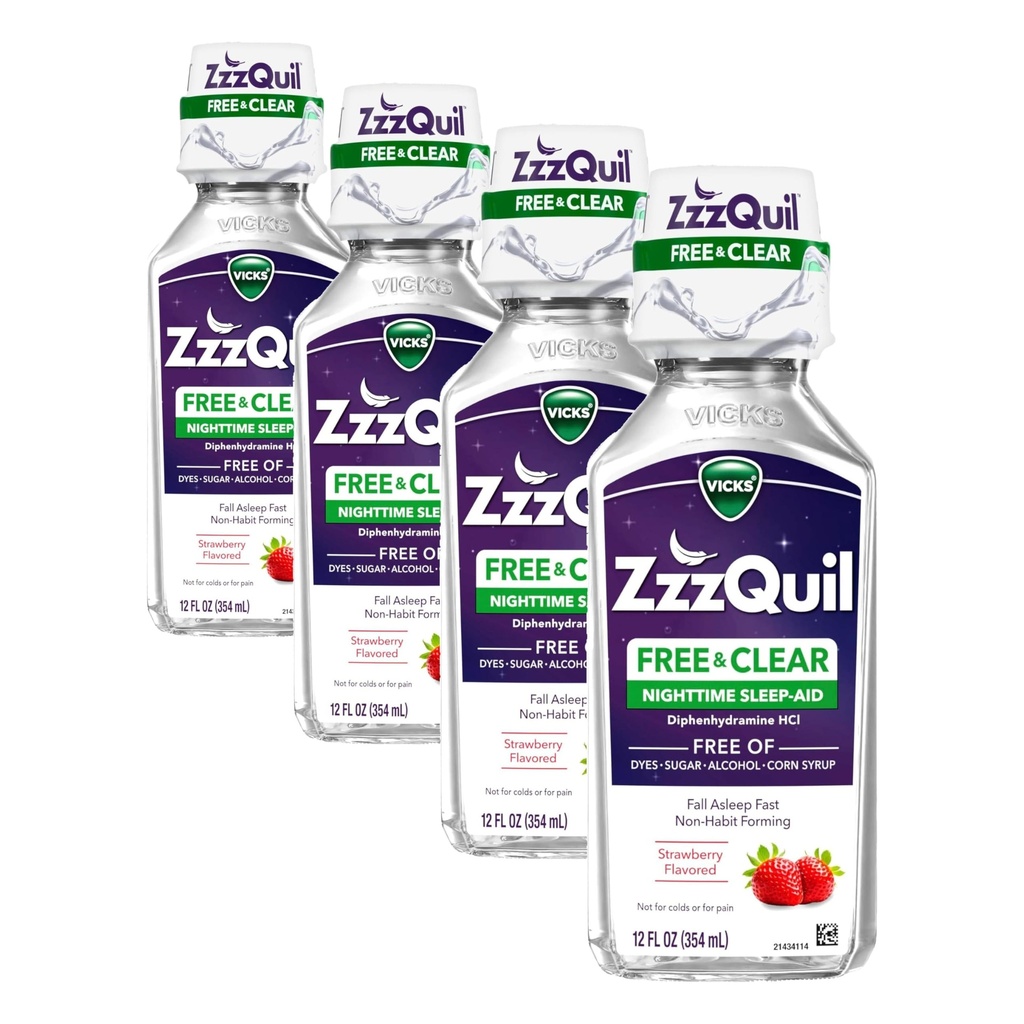 ZzzQuil, Nighttime Sleep Aid Liquid, LIBRE DE Alcohol &amp; Artificial Dyes, 50 mg Diphenhydramine HCl, No1 Sleep Aid Brand, Fall Asleep Fast, Non-Habit Forming, Soothing Berry Flavor, 12 FL OZ (Pack of 4)