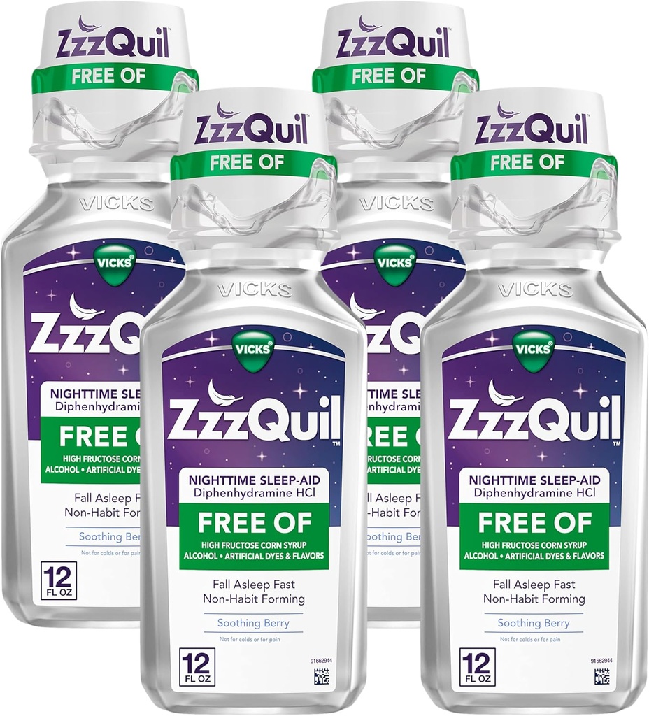ZzzQuil, Nighttime Sleep Aid Liquid, LIBRE DE Alcohol &amp; Artificial Dyes, 50 mg Diphenhydramine HCl, No1 Sleep Aid Brand, Fall Asleep Fast, Non-Habit Forming, Soothing Berry Flavor, 12 FL OZ (Pack of 4)
