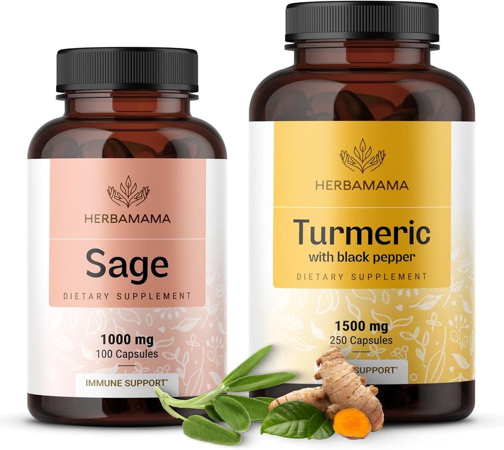 HerBAMAMA Sage and Turmeric Kit - Bundle of 1000 mg Sage Leaf & Turmeric Curcumin Capsules - Vegan, Non-GMO, Gelatin-Free - 2 Pack