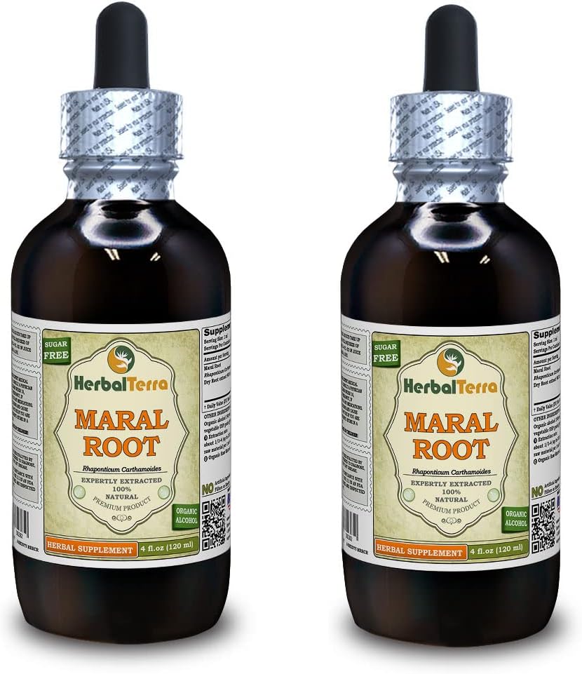 Maral Root (Rhaponticum Carthamoides) Tintura, Orgánica de las raíces secas Extracto líquido (Marca Marca: HerbalTerra, Proudly Made in USA) 2x4 fl.oz (2x120 ml)