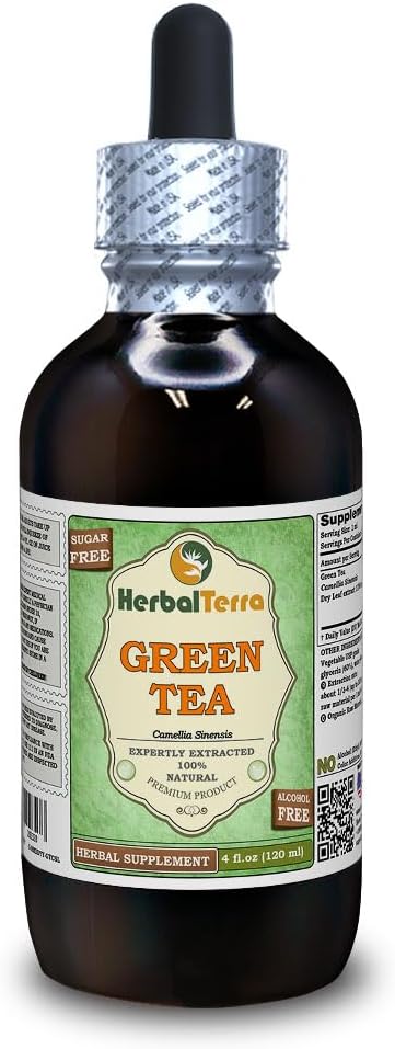 Té verde (Camellia Sinensis) Glicérite, hojas secas orgánicas Extracto líquido libre de alcohol (Nombre de la marca: HerbalTerra, Proudly Made in USA) 4 fl.oz (120 ml)