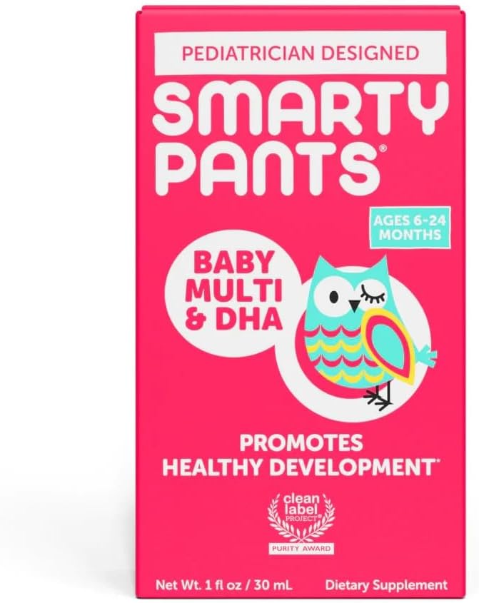 SmartyPants Baby Multi DHA Suplemento:Liquid Multivitamínico con vitamina D3, C,Vitamin B6,Biotin,Choline & Lutein, para bebés de 6 a 24 meses,Gluten Free,Natural Fruit Flavor,30 Servings(Package May Vary)