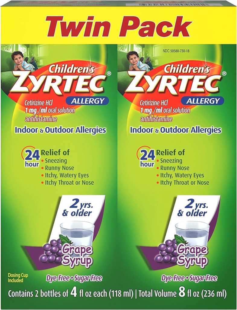 Zyrtec 24 Hr Alergía Infantil Syrup con Cetirizina, Grapa Libre de Azúcar, Twin Pack de 4 fl. oz