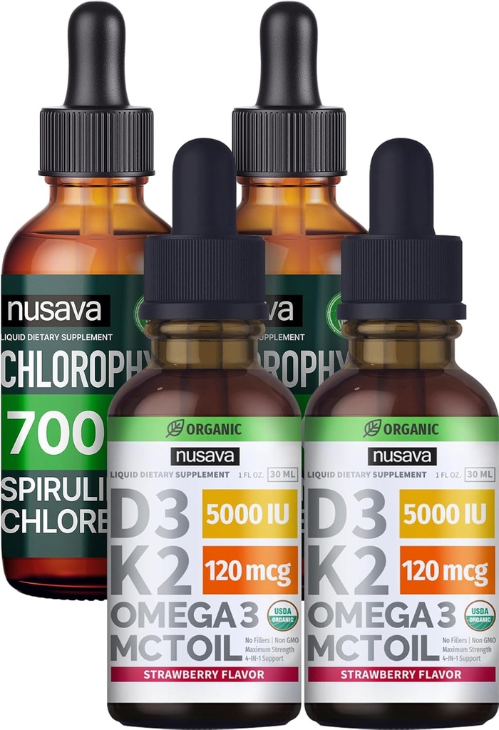 NUSAVA Strawberry Flavored D3 K2 Drops and Chlorophyll Liquid Drops Bundle - Potent Liquid Vitamins for Heart, Joint, Energy, & Immune Support - Non-GMO, Gluten-Free, 2pk Each
