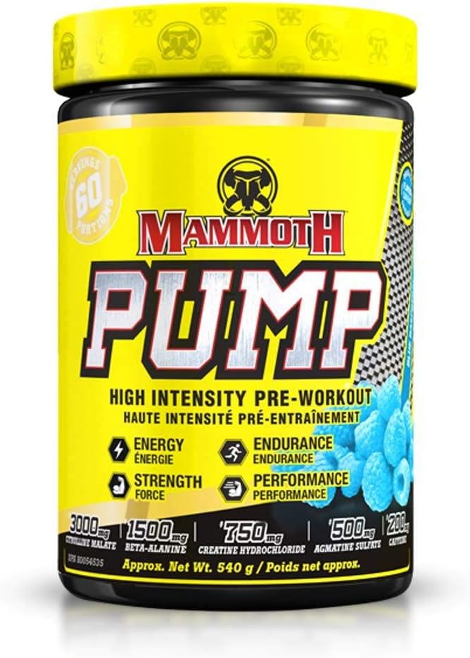 MAMMOTH PUMP – Pre Workout Powder, Bombas Superiores del Musculo, Aumentar la Fuerza " , Suplemento de Energía Explosiva " , Concentración Acelerada, Recuperación Rápida, Reducida Soreness (60 Servas, Azules