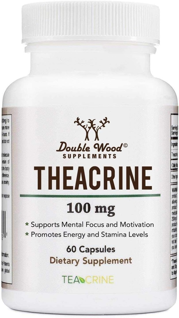 Theacrine (Teacrine) 100 Mg, 60 cápsulas - Suplemento energético y de enfoque (Similar a las pilas cafeínas pero más sutil y más duradero) No GMO y Gluten gratis por madera doble