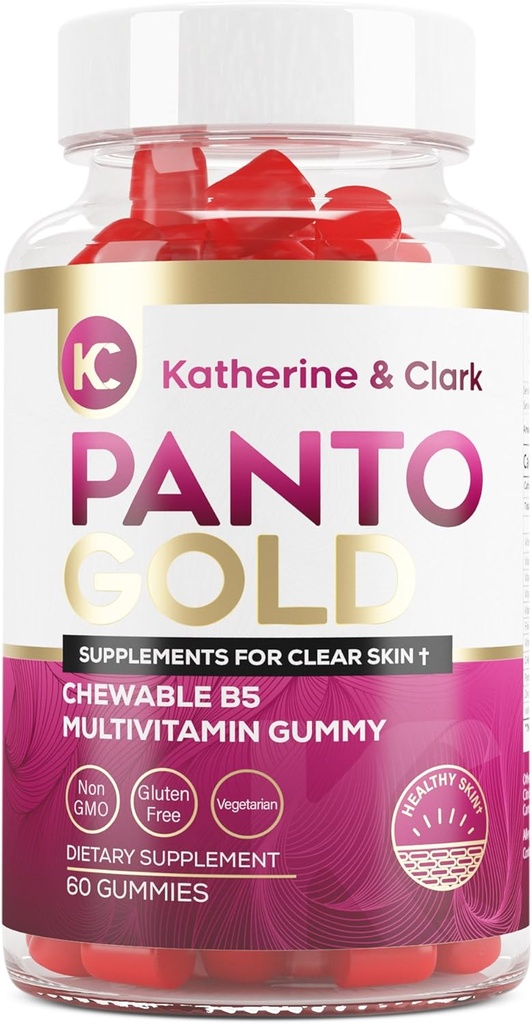 Katherine &amp; Clark Panto Gold Vitamin B5 Pantothenic Acid Gummies for Acne - Hair Skin and Nails Gummies - Biotin, Zinc, Folic Acid Chewable Non-GMO Gluten-Free for Body - Oily Skin Gummies - 60 Condes