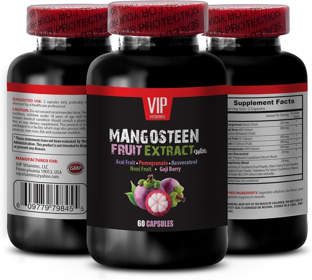 VIP VITAMINS Mangosteen, Mangosteen Extract - Mangosteen Fruit Extract - Acai Berry, Goji Berry, Pomegranate, Noni, Trans-Resveratrol, Elderberry Fruit, Grape Skin - 1 Botella 60 cápsulas